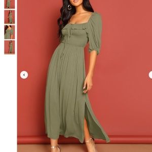 SHEIN Ruffle Detail Knot Shirred Square Neck Split Dress